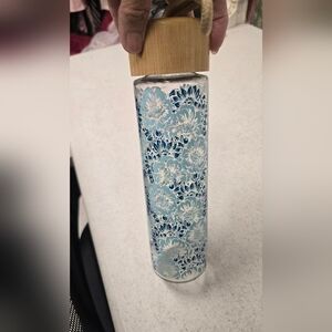 Pretty Glass Water Bottle With Blue Floral Pattern. 22-24 Ounces. Pioneer Woman